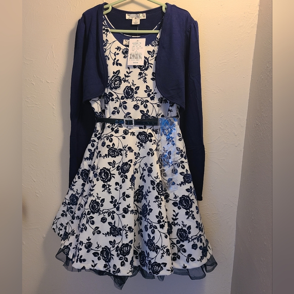 Knitworks NWT Girls Floral Dress White & Navy Blue w/ Sweater & Necklace Size 8